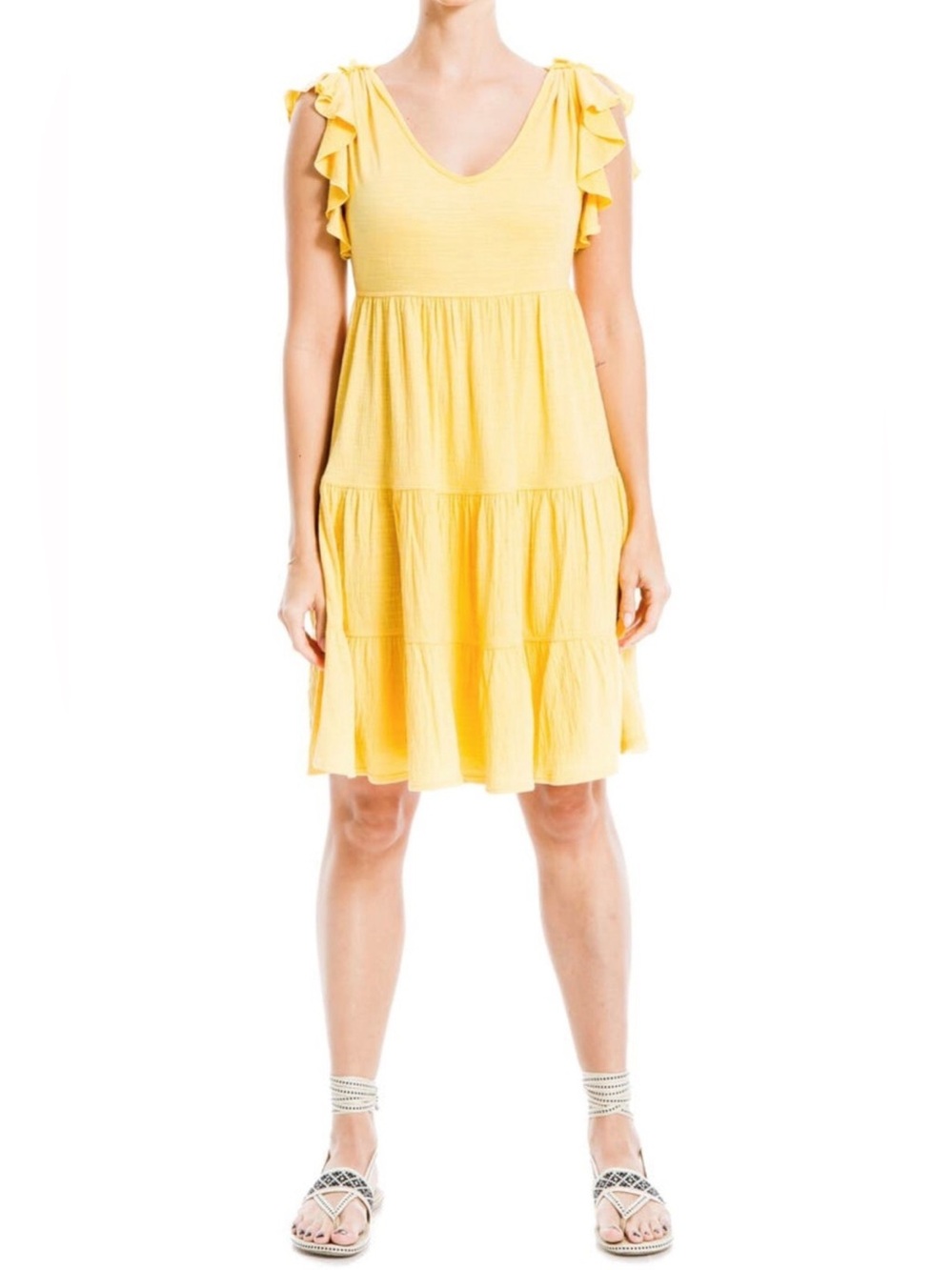 Max Studio Flutter Sleeve V-Neck Tiered Dress Yellow Maxi Dress